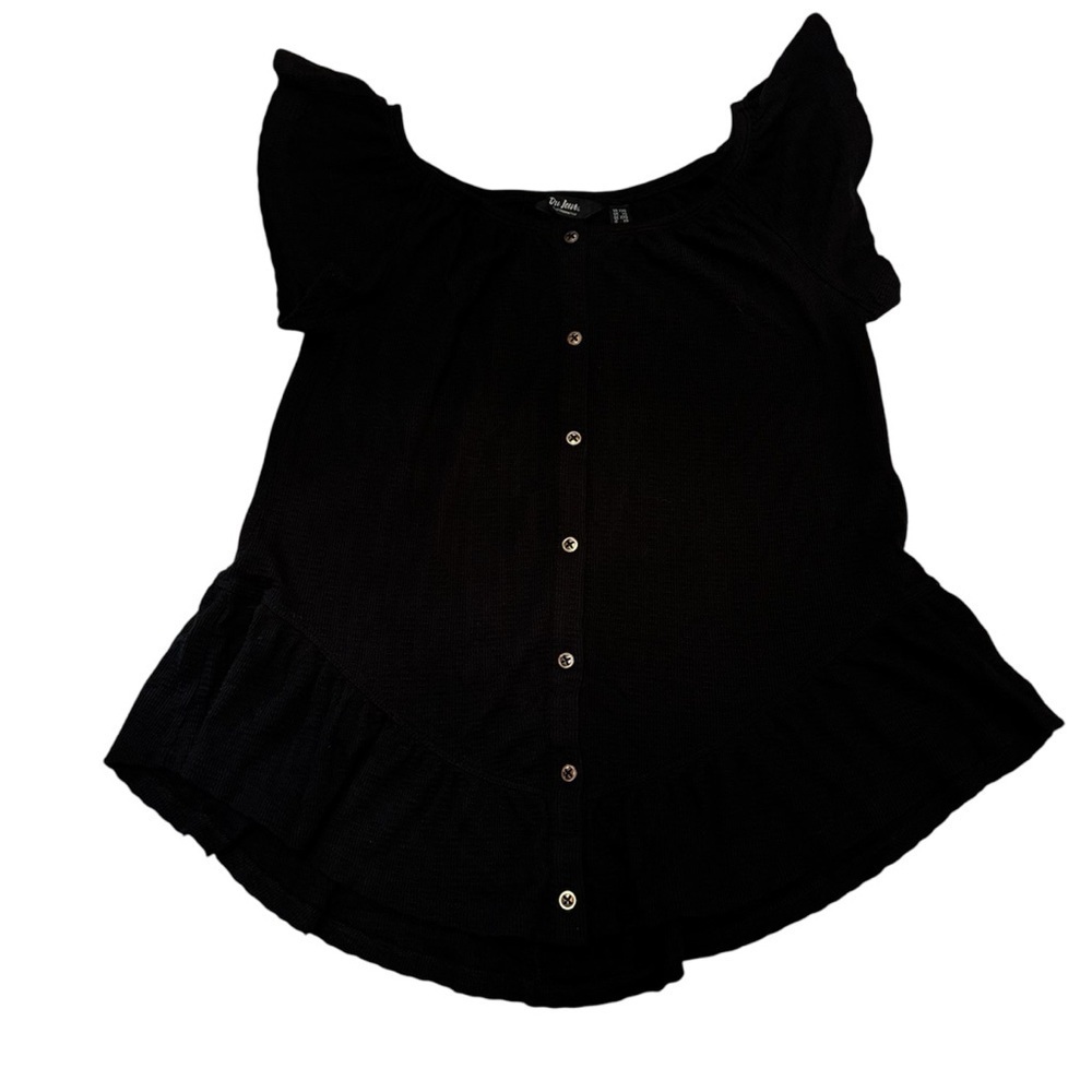 Du Jour Black Button Front Textured Knit Top With Ruffle Sleeve Detail Size XXS
